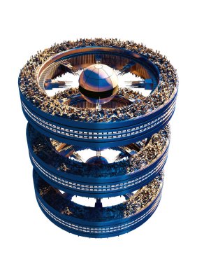 Bilim kurgu mimarisi veya video oyunu geçmişi için, resimde yer alan kırpma yoluna sahip üç tekerli bir yapıda 3D fütüristik gökyüzü kenarı yıldız gemisi.