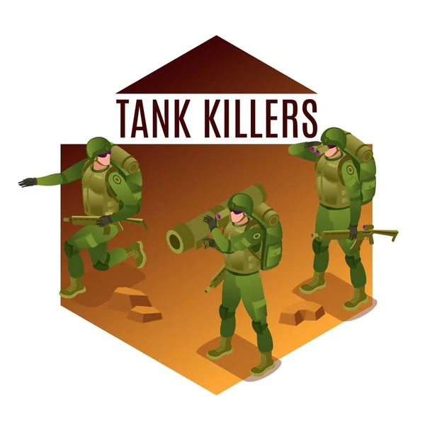 Tank Killers Modern Army Soldiers Illustration Isometric Icons Isolated Background — Stock Vector