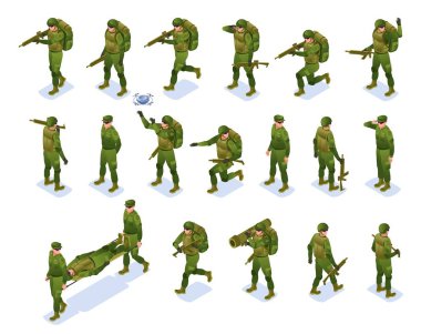 Modern Army Soldiers Set isometric icons on isolated background