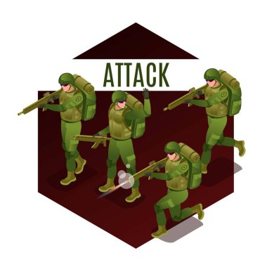 Attack of Soldiers of Modern Army illustration isometric icons on isolated background