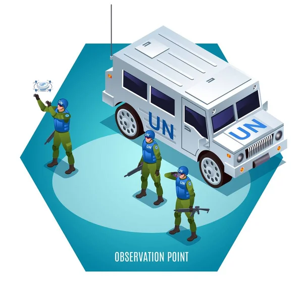 Observation Point Peacekeepers Blue Helmets United Nations Illustration Isometric Icons — Stock Vector