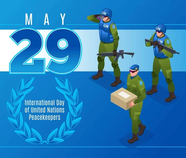 Egyesült Nemzetek Békefenntartóinak Nemzetközi Napja Kék Sisakok Plakát Izometrikus Ikonok — Stock Vector