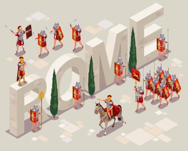 Romalı Lejyonerler Antik Roma çizimleri izole arka planda izometrik simgeler