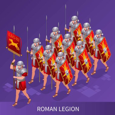Roma Lejyonu Antik Roma 'da izole edilmiş arka planda izometrik ikonlar