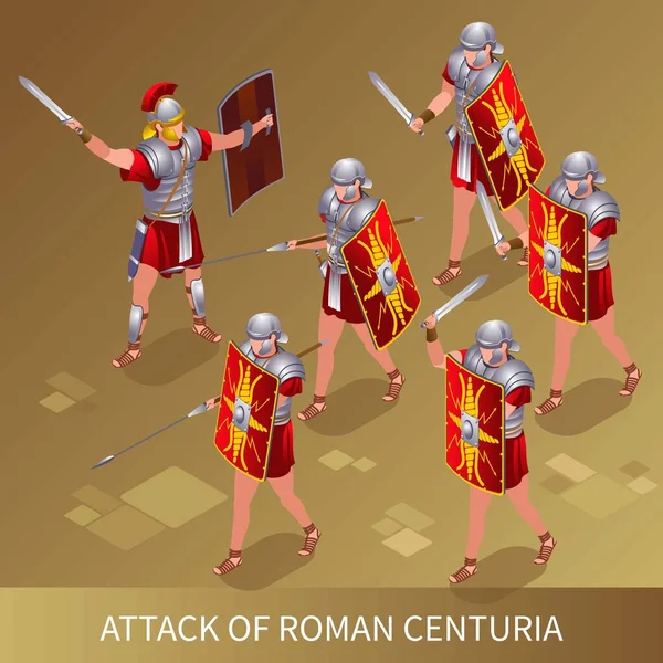 Attack Roman Centuria Ancient Rome Illustration Isometric Icons Isolated Background — 스톡 벡터