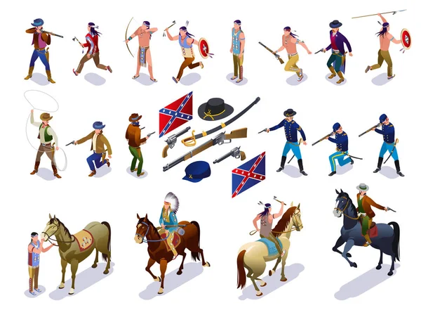 Wild West Set Indiani Cowboys Army Storia Americana Icone Isometriche — Vettoriale Stock