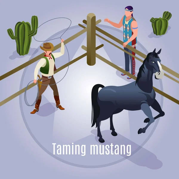 Taming Mustang Wild West American History Illustration Isometric Icons Isolated — 스톡 벡터