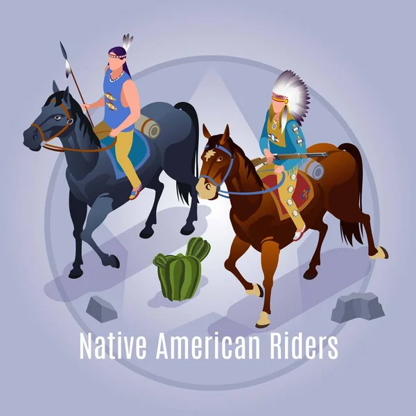 Native American Riders Wild West American History Illustration Icônes Isométriques — Image vectorielle
