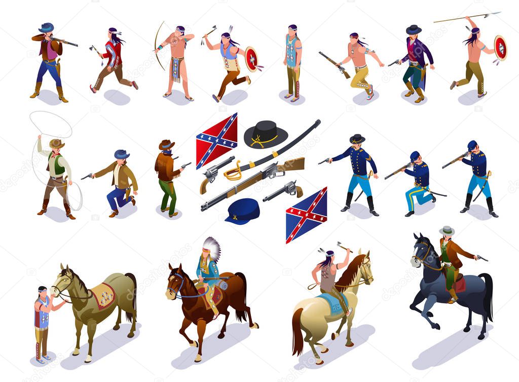 Wild West Set Indians Cowboys Army american history isometric icons on isolated background