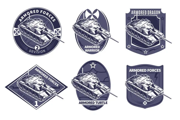 Panzerfahrzeuge Panzerembleme Logos Vintage Stilvolle Monochrome Etiketten Isometrische Symbole Auf — Stockvektor