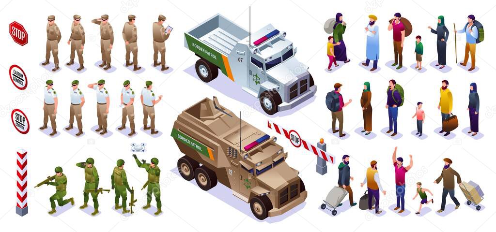 Border guards set collection guards with special vehicles and people crossing the border warning signs isometric icons on isolated background