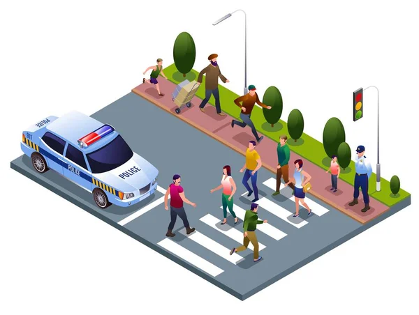 Ilustracje Izometryczne Pieszych Izolowanym Tle Crosswalk Policjantach — Wektor stockowy