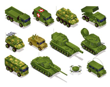 Arkaplanda izometrik simgeler bulunan tanklarla askeri nakliye araçları koleksiyonu