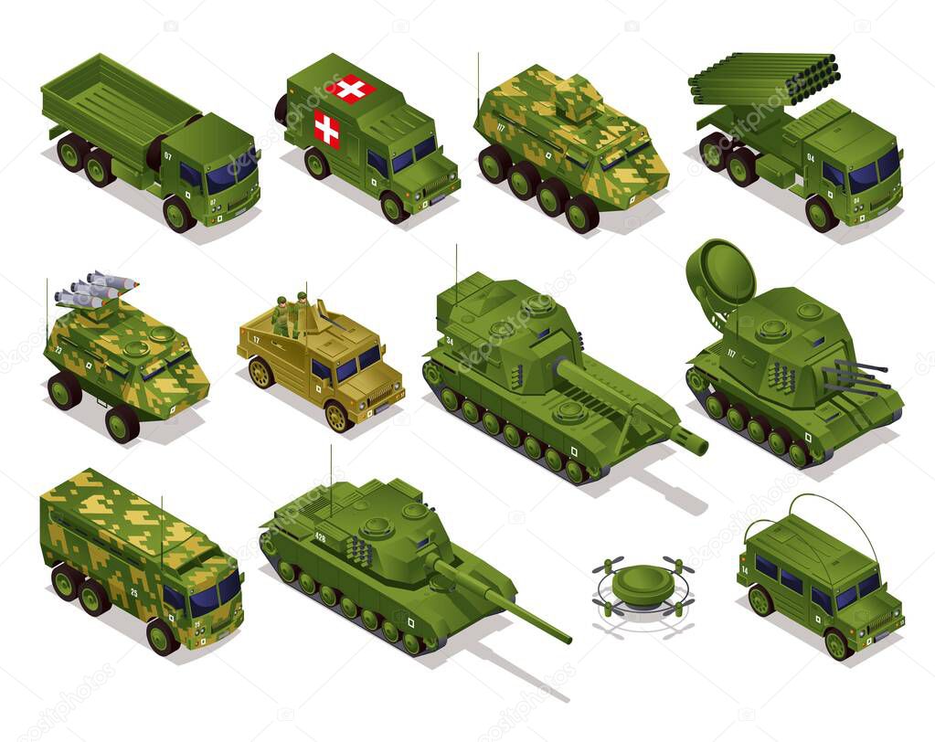 Army military transport Combat Vehicles collection with tanks vehicles set isometric icons on isolated background