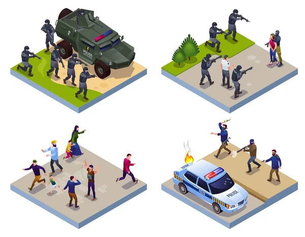 反恐特警部队和恐怖分子2X2独立背景下的等距图标 — 图库矢量图片
