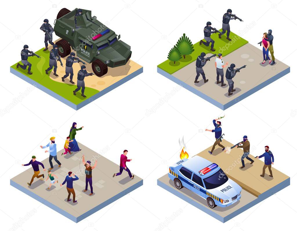 Antiterror Special Police Forces and Terrorists 2x2 illustration isometric icons on isolated background