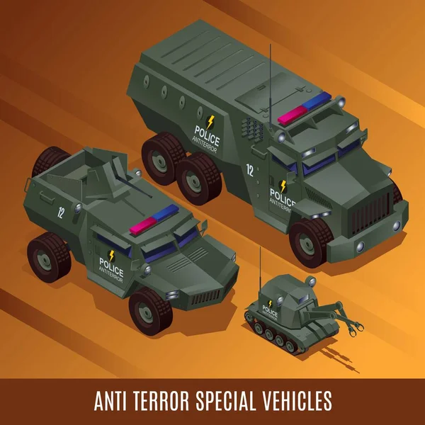 Terror Special Police Vehicles Illustration Icônes Isométriques Sur Fond Isolé — Image vectorielle