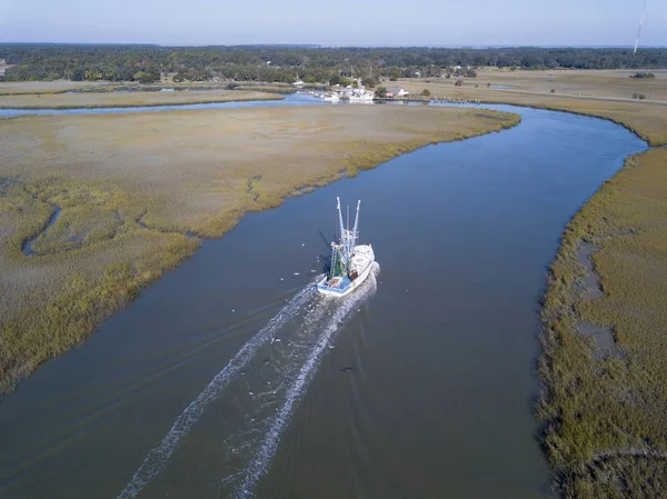 Aerial View Shrimp Boat Coming Port — Stock Photo, Image