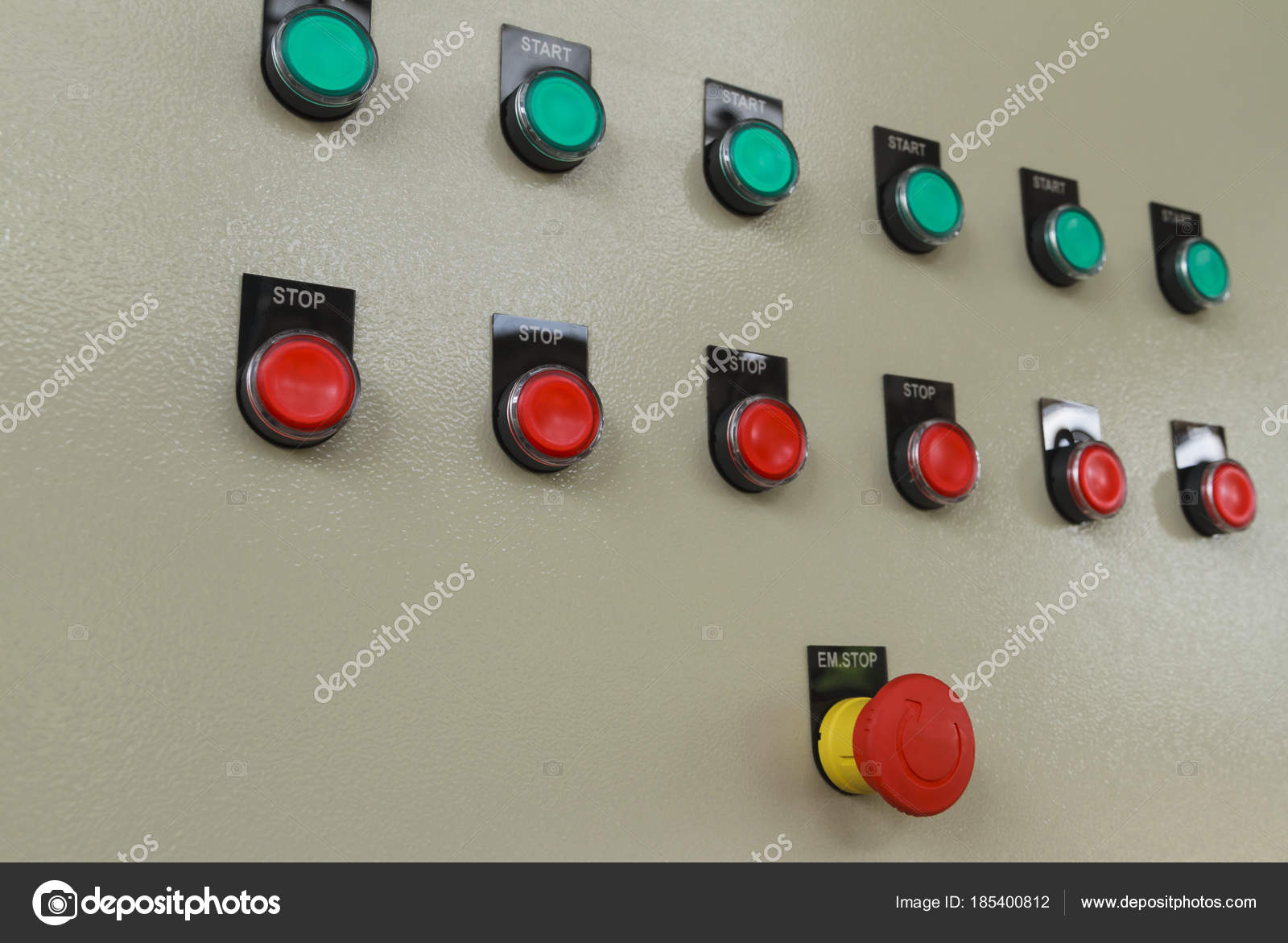 Red Emergency Stop Switch Green Start Buttons Electric Control Panel Stock Photo by