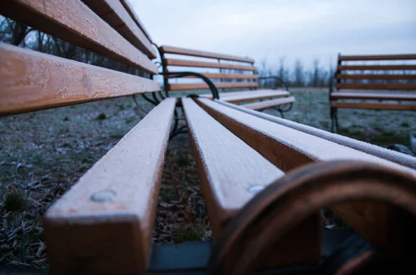 Dřevěná Lavice Železnými Tepanými Prvky Železná Lavička Podzim Parku — Stock fotografie