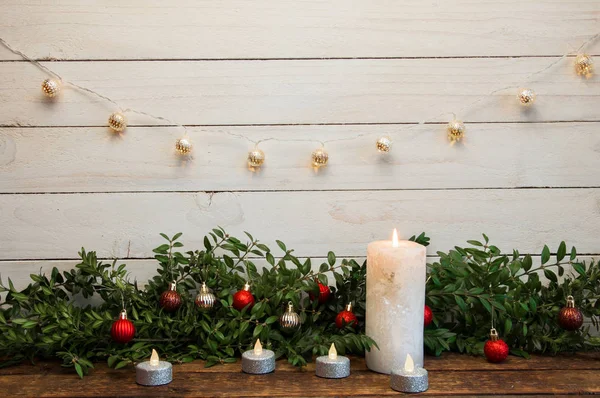 New Year Christmas Background Candles Wood Texture Garland — Stock Photo, Image