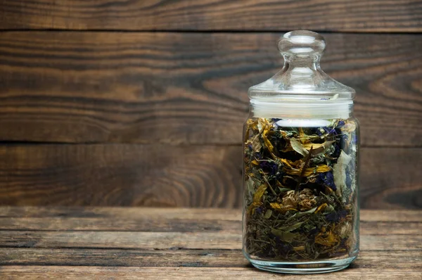 Glass Jar Herbal Fragrant Tea Stands Wooden Table Tea Coffee — Stock Photo, Image