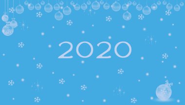 Noel ve yeni yıl bayrağı ya da kartı. Mavi arkaplanda 2020 yazılıydı. Kar taneleri ve kar