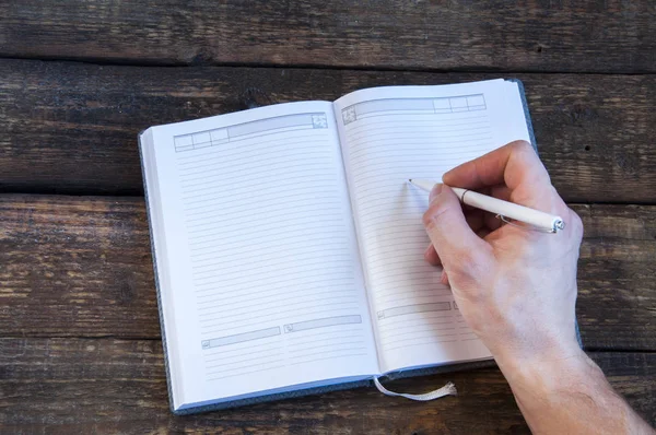 Livre Ouvert Carnet Trouve Sur Une Table Bois Main Sur — Photo