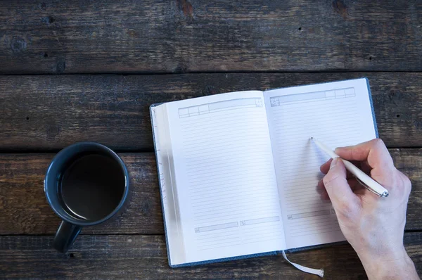 Livre Ouvert Carnet Trouve Sur Une Table Bois Stylo Blanc — Photo