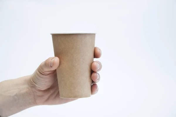 Xícara Papel Café Chá Uma Mão Fundo Branco Fotografia De Stock