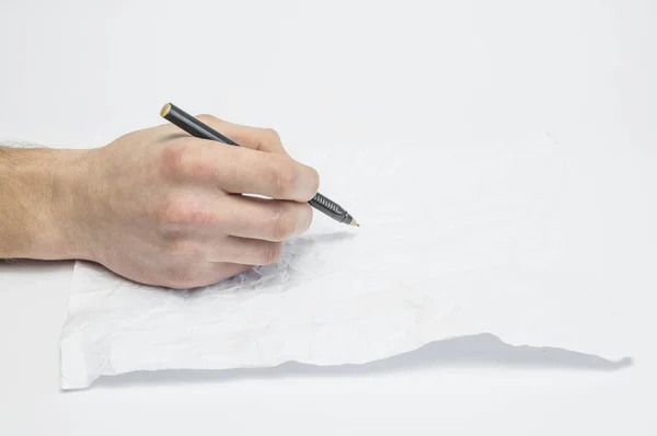 Mano Escribe Pluma Negra Cuaderno Abierto Sobre Fondo Blanco — Foto de Stock