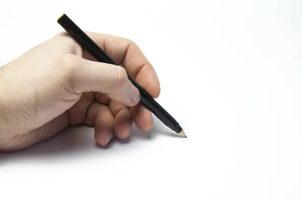 Bolígrafo Negro Mano Hombre Escribe Papel Blanco Sobre Fondo Blanco —  Fotos de Stock