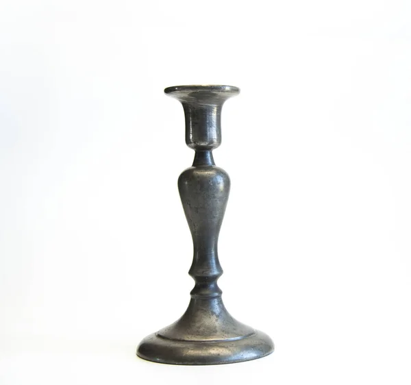 Antique Metal Candlestick Stands Table White Background — Stock Photo, Image