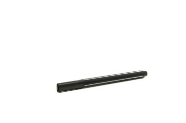A black pen or marker lies on a blank sheet of paper. On white background