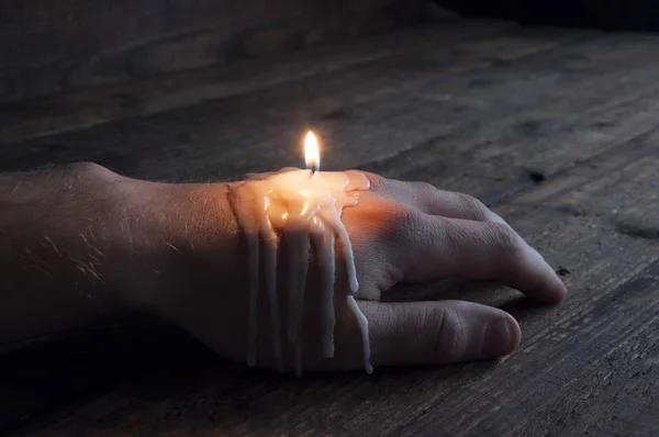 Remainder Melted Burning Candle Mans Hand Love Has Melted Darkness — 图库照片