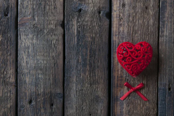 Red Heart Wooden Background Little Red Bow Love — Stock Photo, Image