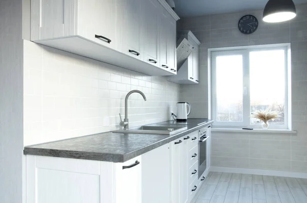 Kitchen cabinets. Working kitchen surface. Kitchen sink and faucet. Interior