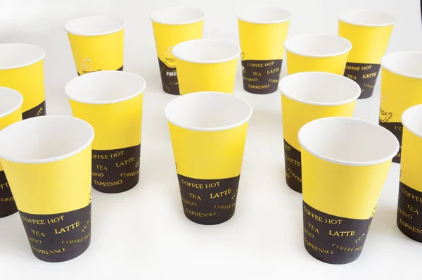 Disposable Glasses Coffee Multi Colored Paper Close White Background — Stockfoto