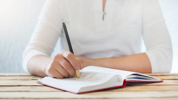 Open Book Diary Notepad Business Woman Sitting Table — Stock Photo, Image