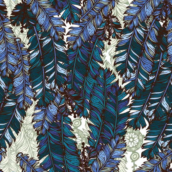 Modèle de plumes Dessin à la main Croquis Boho ou ethnique Style Arrière-plan sur Bleu . — Image vectorielle