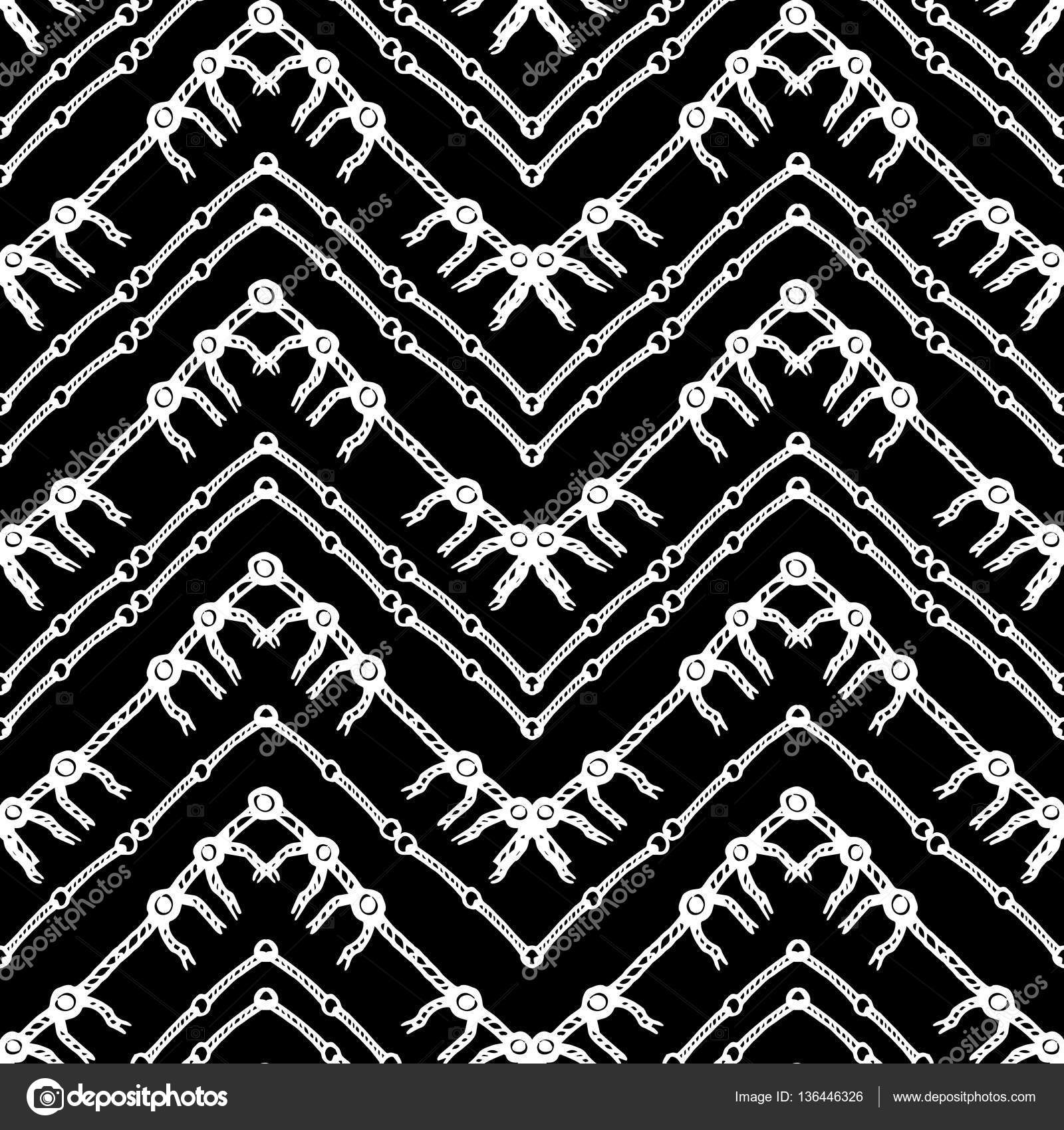 Reticolo disegnato a mano Zig zag e striscia linea Illustrazione di vettore per disegno tribale Colori bianco e nero Per le industrie tessili