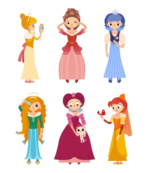 Colección de 6 hermosas princesas en diferentes poses — Archivo Imágenes Vectoriales