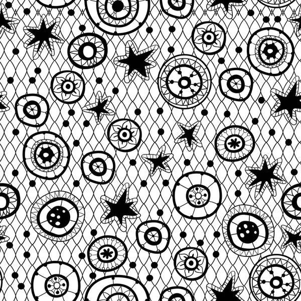 Lace black seamless pattern with stars and mandala. — Stock Vector