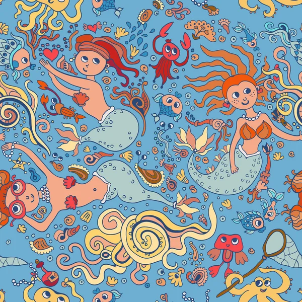 Beautiful blue seamless pattern with mermaid — Stock Vector