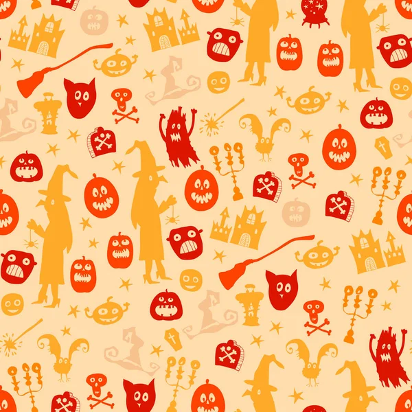 Halloween seamless silhouette doodle pattern. — Stock Vector