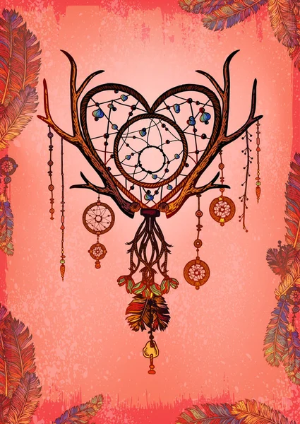 Clored Heart shaped dream catcher with feathers — стоковый вектор