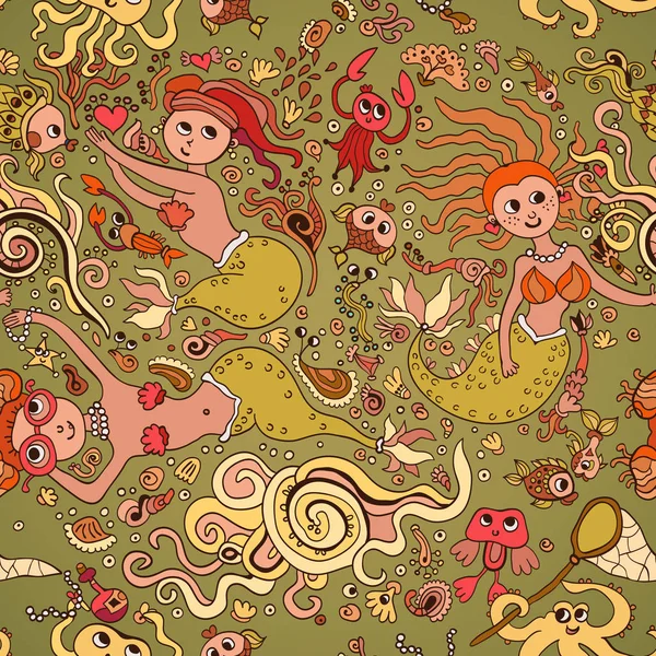 Beautiful retro seamless pattern with mermaid — Stock Vector