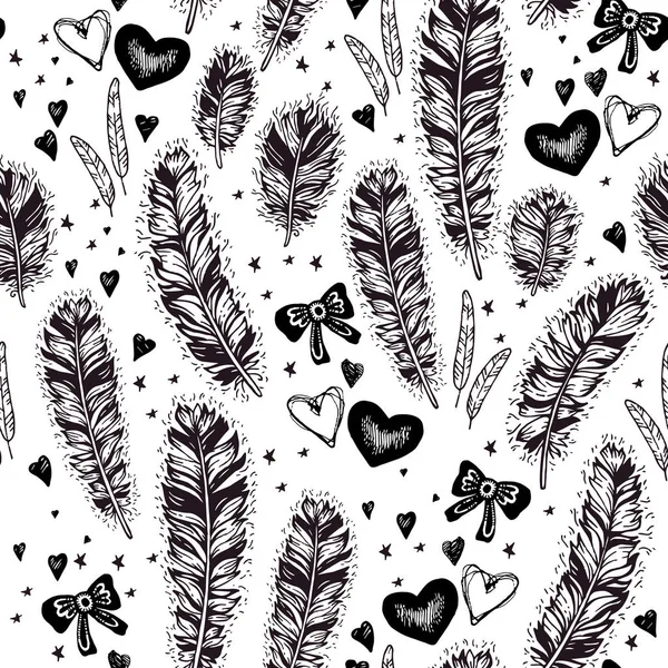 Seamless pattern of hand drawn boho feather — Stock Vector