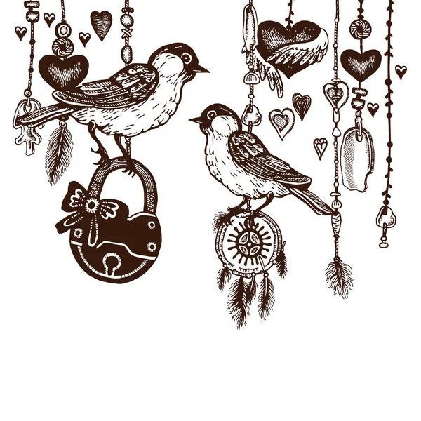 Vögel mit Vorhängeschloss im Vintage-Stil Herzen. — Stockvektor