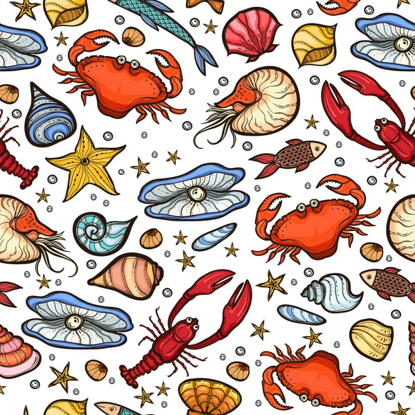 Crabe et coquille motif sans couture — Image vectorielle